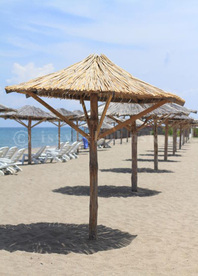Пансионат "Марко Поло": пляж пансионата, шезлонги, оригинальные зонты